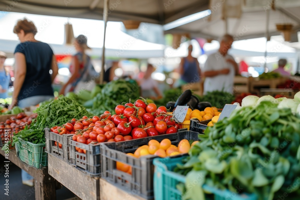 Fresh fruits and vegetables at the street market. People shopping at a farmers market. Fresh fruits and vegetables at the street market. People shopping at a farmers market.