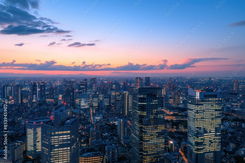 Obraz premium Beautiful cityscape at dusk with illuminated buildings and a cloudy sky.