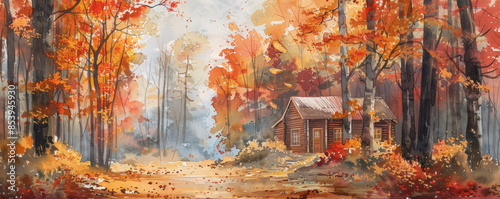 A watercolor painting of a vibrant autumn forest with fallen leaves scattered across the ground and a cozy cabin nestled among the trees. photo