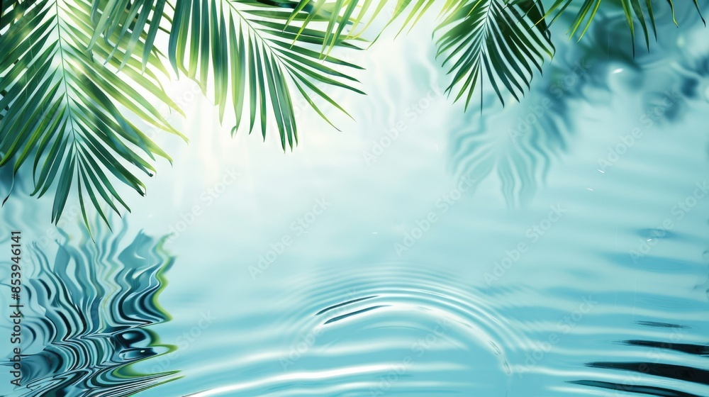 3D rendering of palm leaves shadow on the water surface in a swimming pool with a light blue background 3D rendering of palm leaves shadow on the water surface in a swimming pool with a light blue background
