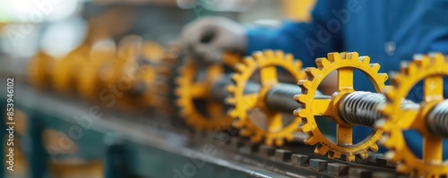 Detailed shot of industrial machinery gears in motion, mechanical engineering, intricate design, highperformance equipment photo