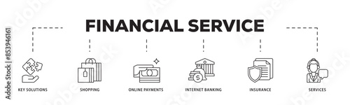 Financial service icon infographic illustration concept with icon of key solutions, shopping, online payments, internet banking, insurance and services icon live stroke and easy to edit 