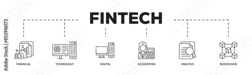 Fintech icon infographic illustration concept with icon of financial, technology, digital, accounting, analysis and blockchain icon live stroke and easy to edit 