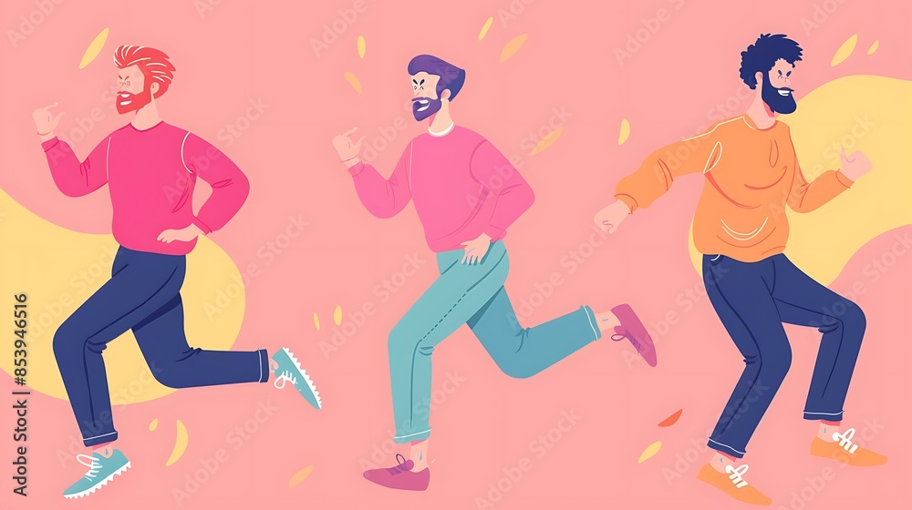 Three Bearded Men Running Joyfully Three Bearded Men Running Joyfully