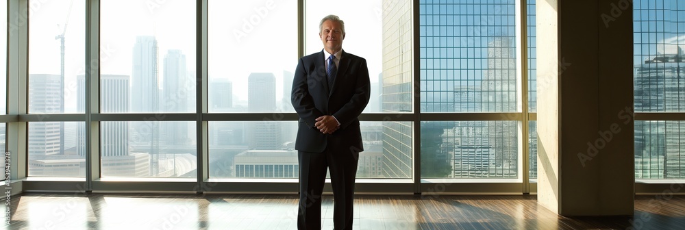 A successful businessman stands by a skyscraper window, exuding confidence and leadership in a corporate setting
