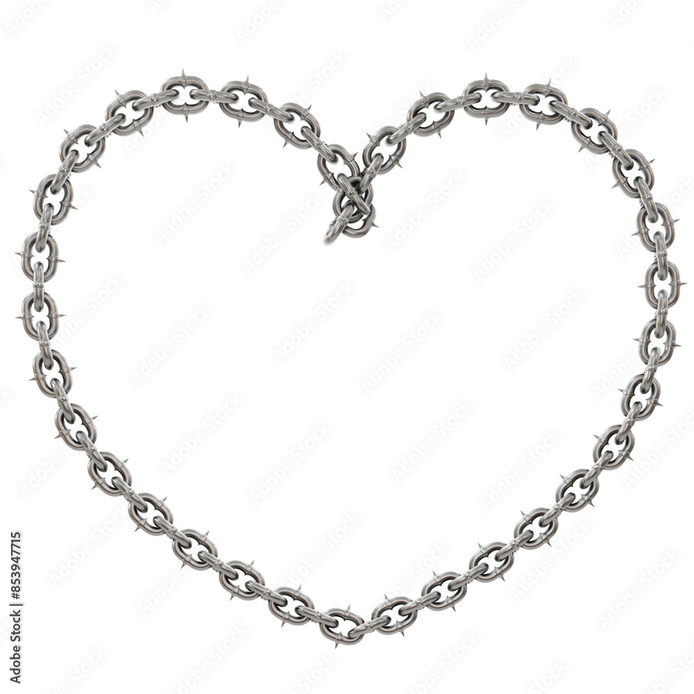 3D artwork reimagines love: a heart crafted from sharp-tipped chains, intricately entwined (transparent PNG format). 3D artwork reimagines love: a heart crafted from sharp-tipped chains, intricately entwined (transparent PNG format).