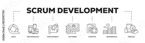 Scrum development icon infographic illustration concept with icon of agile, methodology, development, software, iterative, incremental and process icon live stroke and easy to edit 