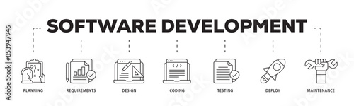 Software development icon infographic illustration concept with icon of planning, requirements, design, coding, testing, deploy and maintenance icon live stroke and easy to edit 