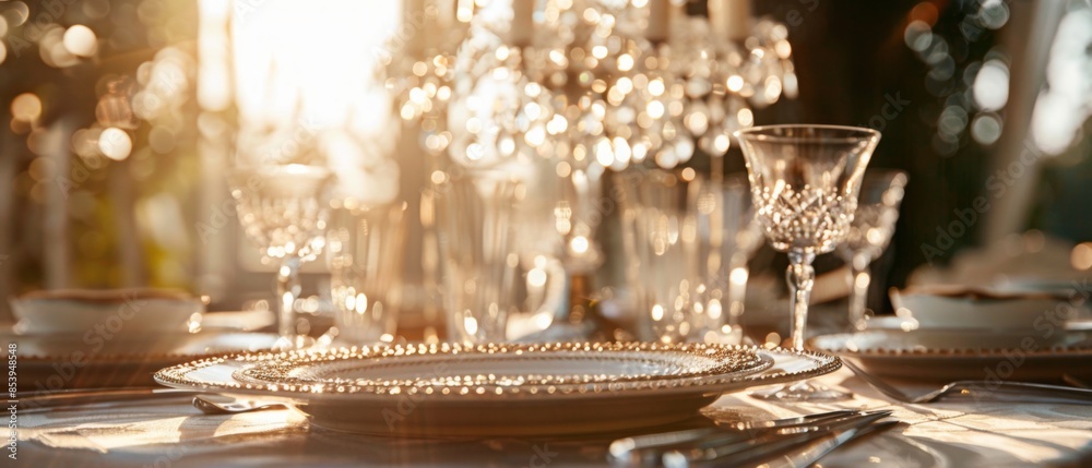 Champagne glasses and crystal glasses on a decorated table, celebrating Christmas with wine, champagne, and festive decorations inside a restaurant Champagne glasses and crystal glasses on a decorated table, celebrating Christmas with wine, champagne, and festive decorations inside a restaurant