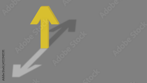 Yellow arrow pointing upward with two shadows on a grey background, symbolizing duality or different paths and perspectives to reach a goal.