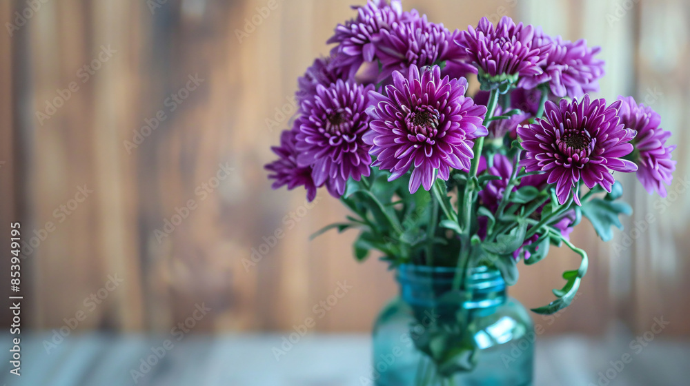 A vibrant bouquet of purple chrysanthemums in a blue jar, set against a rustic wooden background. A vibrant bouquet of purple chrysanthemums in a blue jar, set against a rustic wooden background.