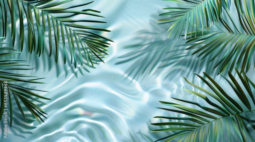 3D rendering of palm leaves shadow on the water surface in a swimming pool with a light blue background 3D rendering of palm leaves shadow on the water surface in a swimming pool with a light blue background