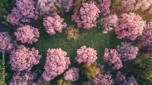 Aerial view of beautiful cherry blossoms in full bloom, creating a stunning pink canopy over a lush green park on a sunny day.