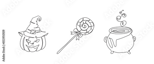 Pumpkin, candy, cauldron continuous one line drawing, single line art element, minimalist sketch line vector illustration, autum and thanksgiving concept