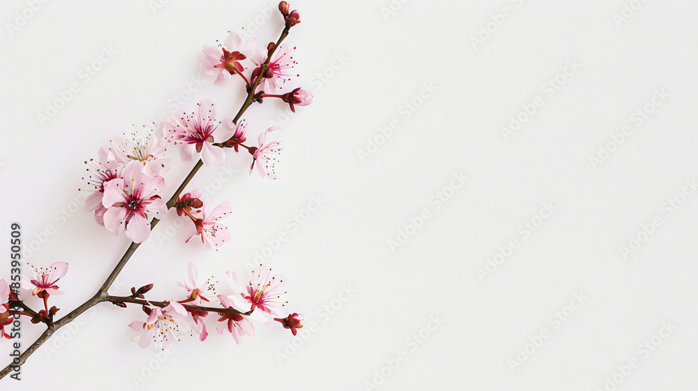 Elegant branch with delicate pink cherry blossoms against a plain white background, symbolizing springtime and natural beauty. Elegant branch with delicate pink cherry blossoms against a plain white background, symbolizing springtime and natural beauty.