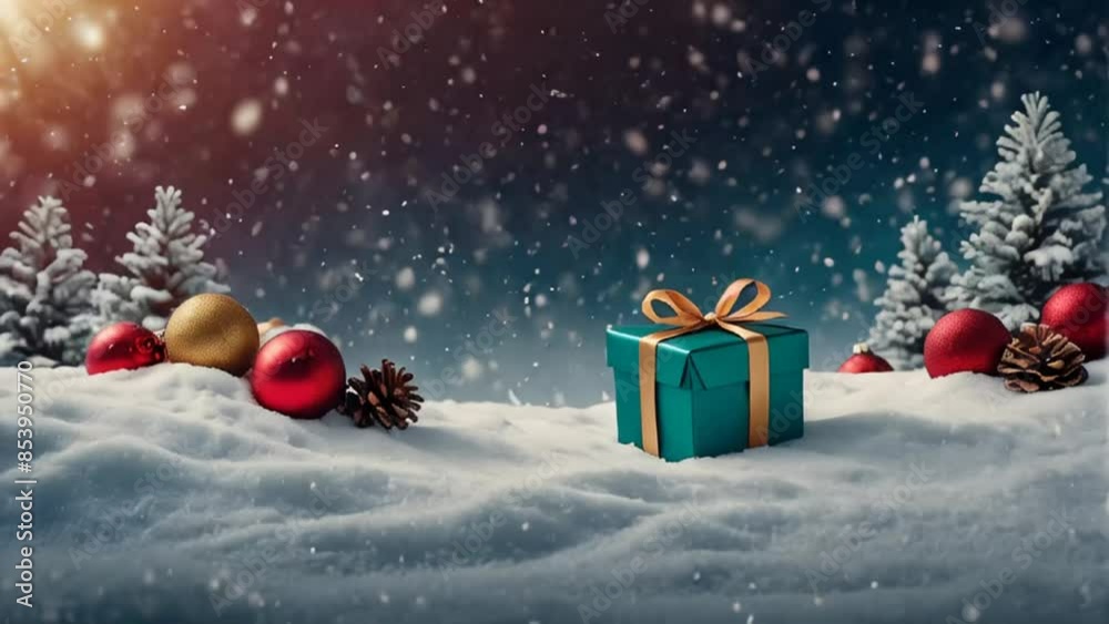 Beautiful gift box, pine cone, Christmas trees in the snow celebrate Beautiful gift box, pine cone, Christmas trees in the snow celebrate