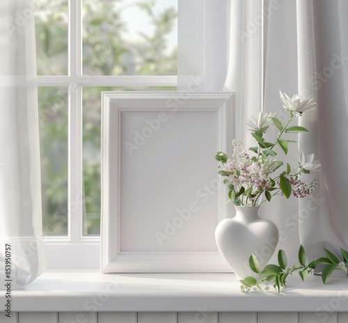 Close-up shot of a mockup frame with flowers near a window, rendered in 3D