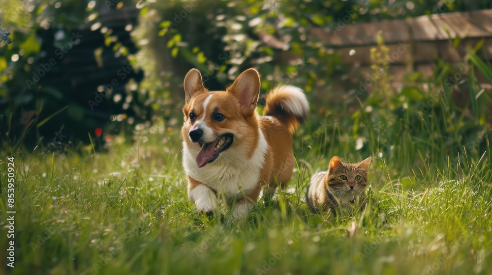 A Happy Corgi Running with a Tabby Cat in the Grass A Happy Corgi Running with a Tabby Cat in the Grass