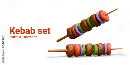 Colorful set of kebabs in 3D style. Wooden skewers with stringed meat and vegetables