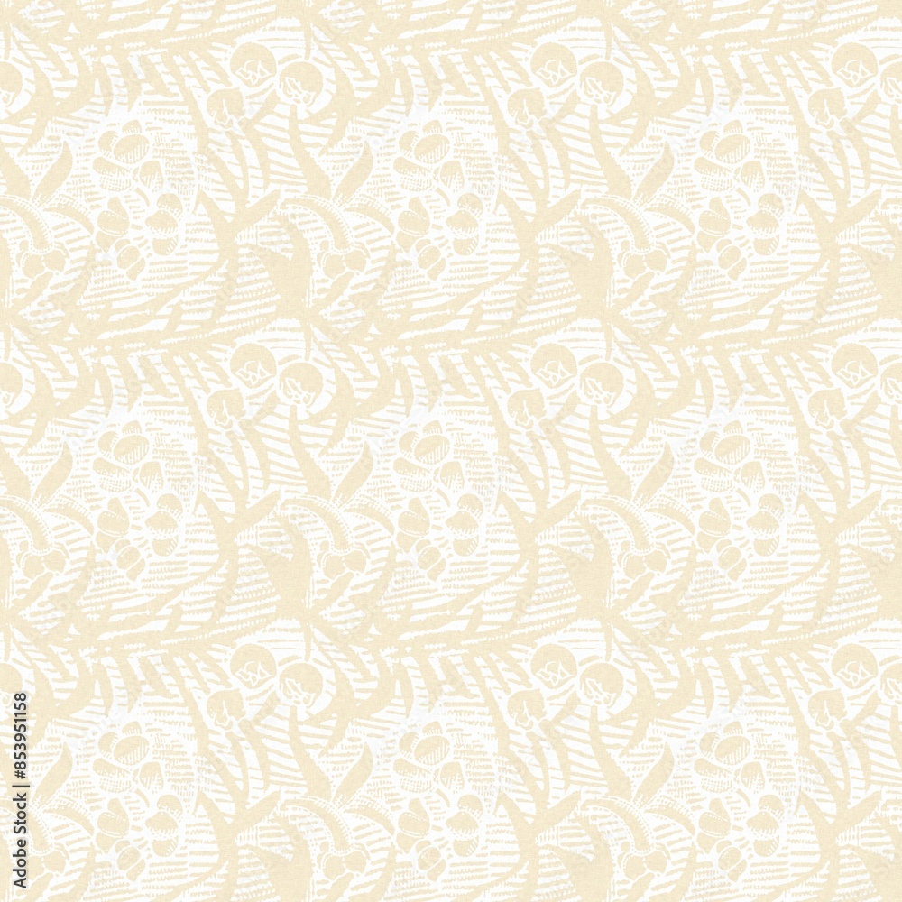 Fototapeta premium Modern white on cream lace effect wedding background texture. Soft tonal linen openwork block print with subtle hand drawn lattice damask printed fabric backdrop. 