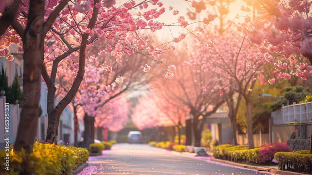 Naklejka premium Serene street lined with pink cherry blossom trees in full bloom, bathed in gentle sunlight, creating a tranquil spring atmosphere.