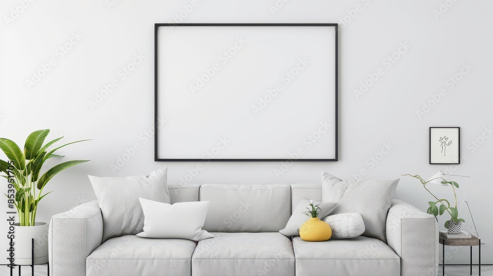 Minimalist living room with a grey sofa, decorative pillows, and plants, featuring a large empty picture frame on the wall. Minimalist living room with a grey sofa, decorative pillows, and plants, featuring a large empty picture frame on the wall.