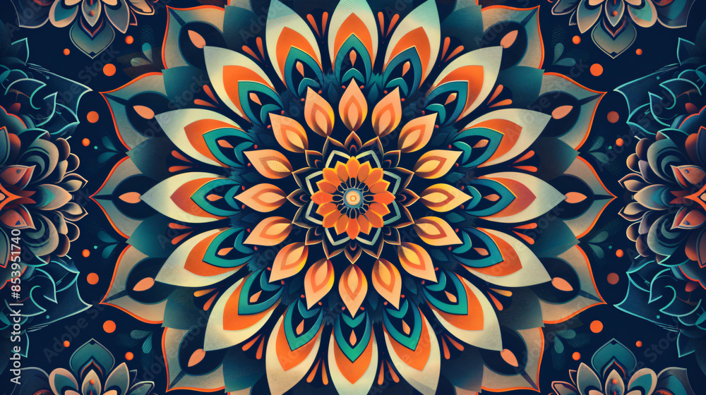 Vibrant mandala design with intricate patterns and bold colors, showcasing detailed symmetry and artistic creativity, perfect for backgrounds. Vibrant mandala design with intricate patterns and bold colors, showcasing detailed symmetry and artistic creativity, perfect for backgrounds.