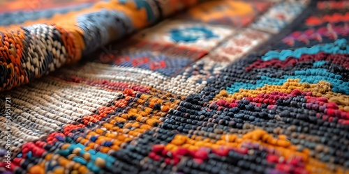 Closeup of colorful traditional Turkish wool rug with intricate woven patterns. Concept Traditional Turkish Rug, Colorful Design, Wool Material, Intricate Patterns, Close-up Shot