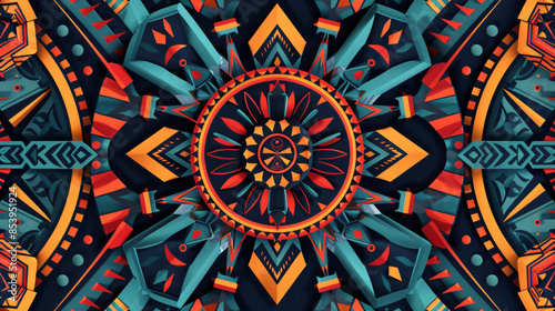 Vibrant tribal geometric pattern with colorful intricate designs. Symmetrical abstract artwork ideal for backgrounds, textiles, and prints.