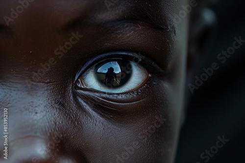 Detailed close-up of an African American child's eye reflecting a silhouette and outdoor scene, emphasizing the depth and clarity of human vision.
 photo