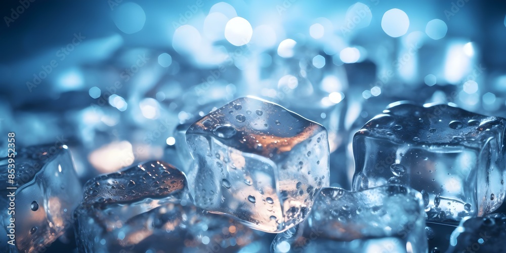 Closeup of ice cubes with water droplets blurred bokeh background. Concept Ice Photography, Close-up Shots, Bokeh Backgrounds, Water Droplets, Textured Surfaces Closeup of ice cubes with water droplets blurred bokeh background. Concept Ice Photography, Close-up Shots, Bokeh Backgrounds, Water Droplets, Textured Surfaces