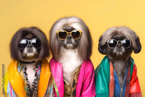 Creative animal concept. Gang family of Shih Tzu dog puppy in vibrant bright fashionable outfits, commercial, editorial advertisement, surreal surrealism. Group shot. Generative AI	