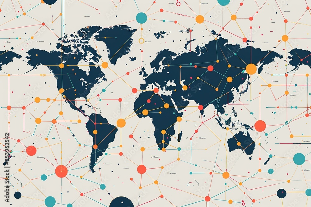 Fototapeta premium seamless pattern flat illustration style, world map Global telecommunication network, nodes connected around earth, internet, worldwide communication world map