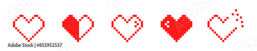 Set of vintage pixel heart vector icons. Red retro bit heart. Gaming health. Broken love.