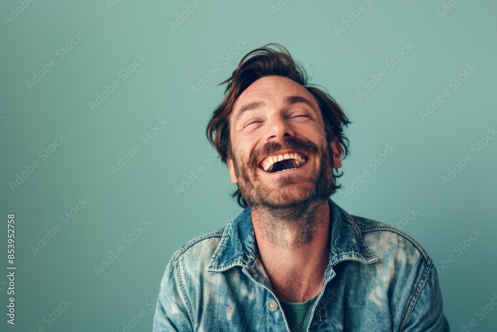 Portrait of a joyful man in his 40s laughing isolated in pastel green background Portrait of a joyful man in his 40s laughing isolated in pastel green background