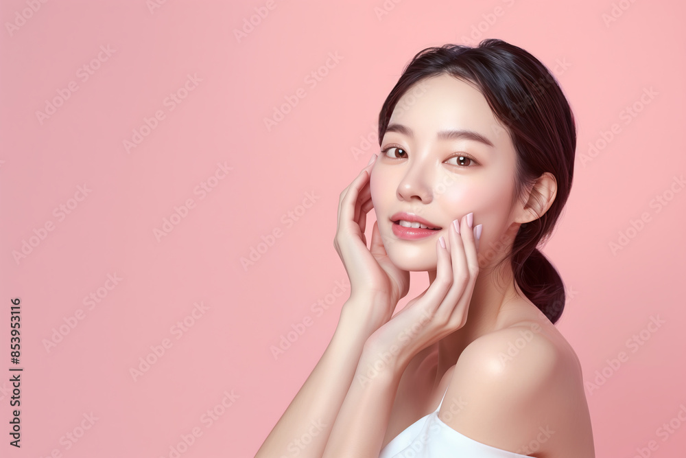 Woman with fresh glowing skin on pink background Woman with fresh glowing skin on pink background