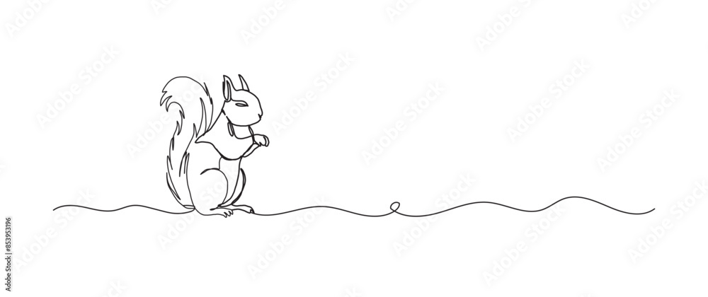 Squirrel continuous one line drawing, single line art element, minimalist sketch line vector illustration, autum and thanksgiving concept