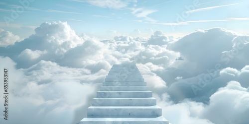 Ascending staircase through serene clouds towards heavens gates. Concept Spiritual Journey, Heavenly Ascent, Staircase to Heaven, Cloudscape Exploration photo