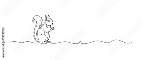 Squirrel continuous one line drawing, single line art element, minimalist sketch line vector illustration, autum and thanksgiving concept