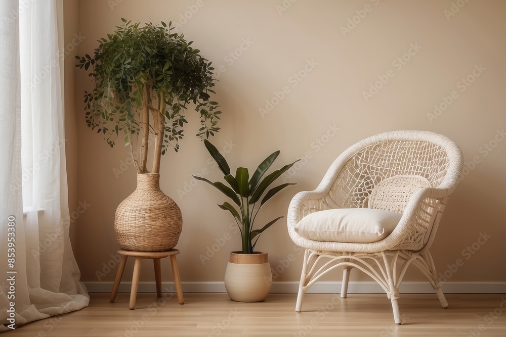 Interior home of living room with rattan armchair and table on beige wall, boho style Interior home of living room with rattan armchair and table on beige wall, boho style