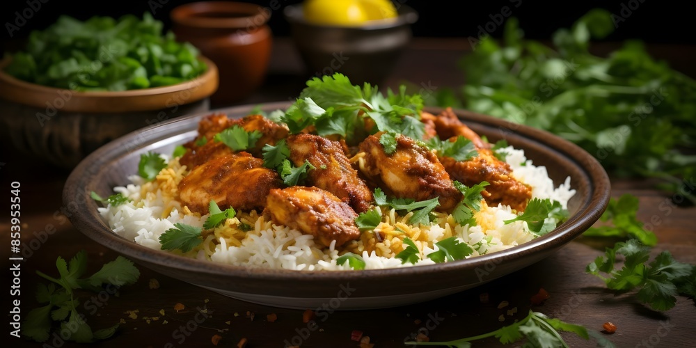 Indian chicken curry with basmati rice and fresh cilantro on rustic plate. Concept Food Photography, Indian Cuisine, Curry Recipe, Basmati Rice, Cilantro Garnish Indian chicken curry with basmati rice and fresh cilantro on rustic plate. Concept Food Photography, Indian Cuisine, Curry Recipe, Basmati Rice, Cilantro Garnish