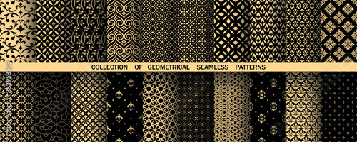 Geometric floral set of seamless patterns. Golden and black vector backgrounds. Damask graphic ornaments