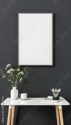 Minimalist workspace with blank white frame on dark wall, white desk with a vase, coffee cup, and stationery. Modern and simple decor. © PrusarooYakk