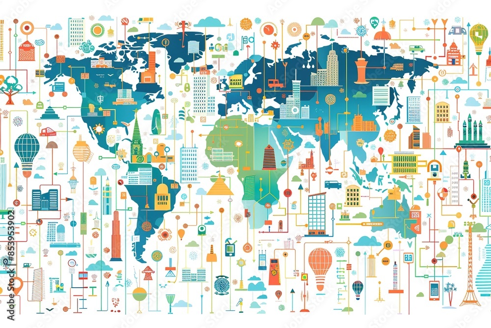 Fototapeta premium seamless pattern flat illustration style, world map Smart City and network connection concept world map --ar 3:2 Job ID: b0adb129-ffe2-43aa-9626-db88aa565178