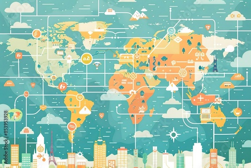 seamless pattern flat illustration style, world map Smart City and network connection concept world map