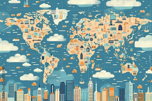 seamless pattern flat illustration style, world map Smart City and network connection concept world map