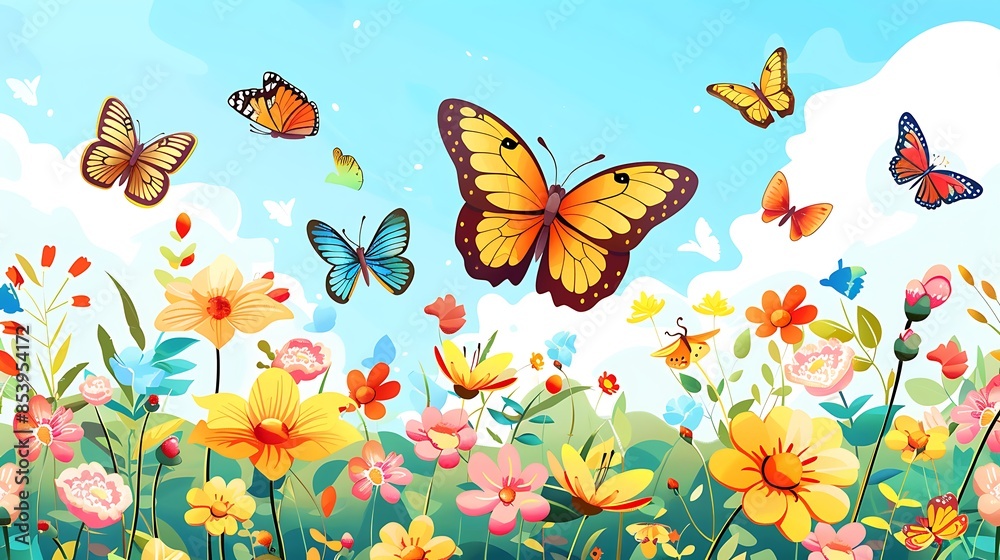 Butterflies Flying over a Colorful Flower Field Butterflies Flying over a Colorful Flower Field