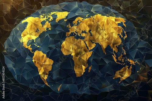 seamless pattern flat illustration style, world map Globe. Low poly wireframe design of planet Earth in gold style. Polygonal elegant image in RGB color. World concept