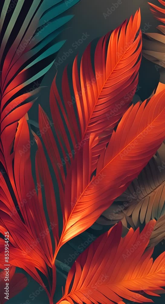 Tropical leaves are in vivid shades of bronze blue and red designer concept wallpaper background 4k