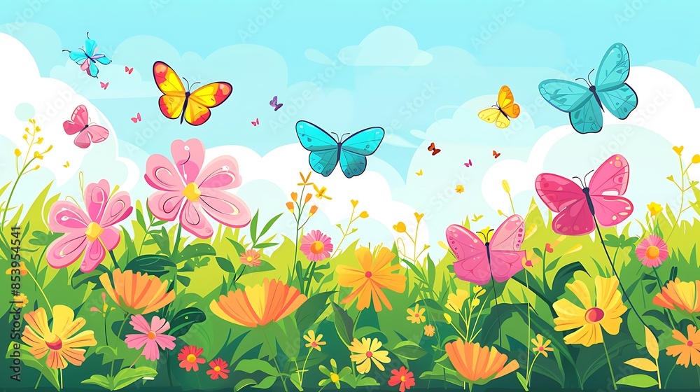 Colorful Butterflies and Flowers in a Spring Meadow Colorful Butterflies and Flowers in a Spring Meadow
